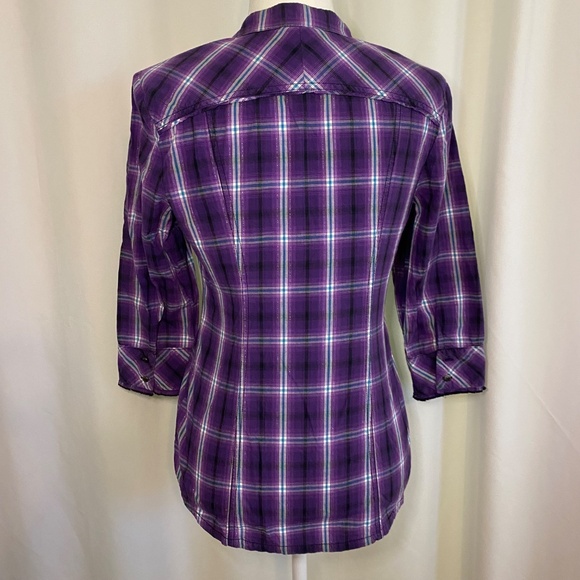 Guess Purple‎ Plaid Button Down Shirt 3/4 Sleeve  M - Picture 2 of 11